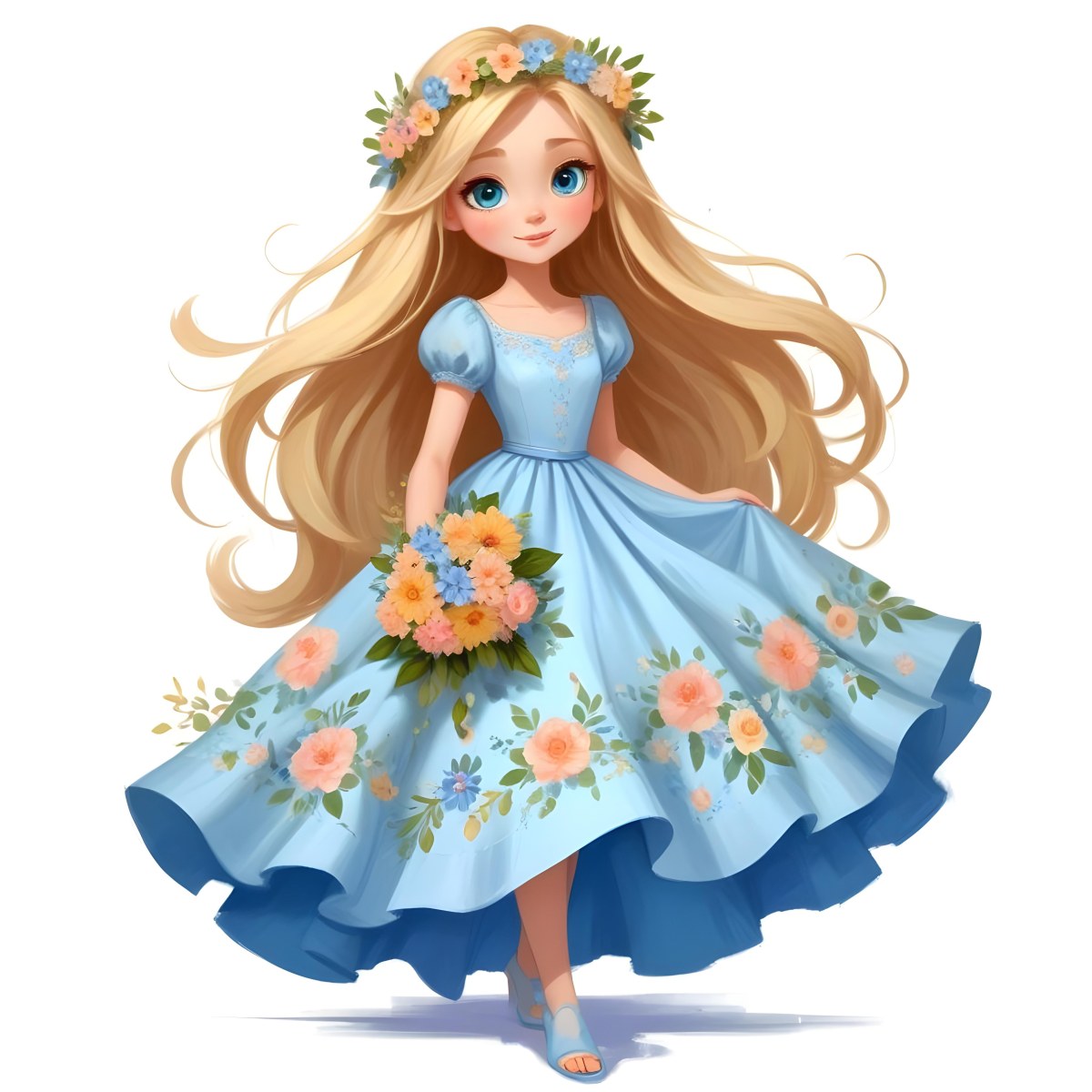 Digital Painting A Young Girl With Long Flowing Blonde Hair And Blue Eyes Wearing A Light Blue Dress Adorned With Floral Patterns She Holds A Bouquet Of Flowers And Wears A Floral Crown The Dress Has A Flared Skirt 52 A20f