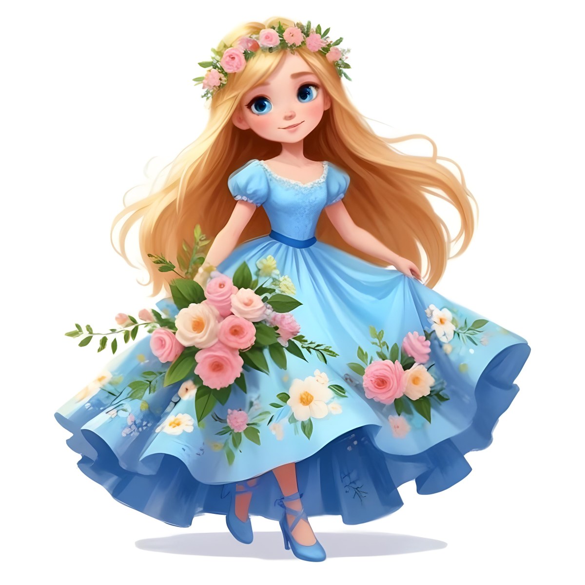 Digital Painting A Young Girl With Long Flowing Blonde Hair And Blue Eyes Wearing A Light Blue Dress Adorned With Floral Patterns She Holds A Bouquet Of Flowers And Wears A Floral Crown The Dress Has A Flared Skirt 54 D2e5