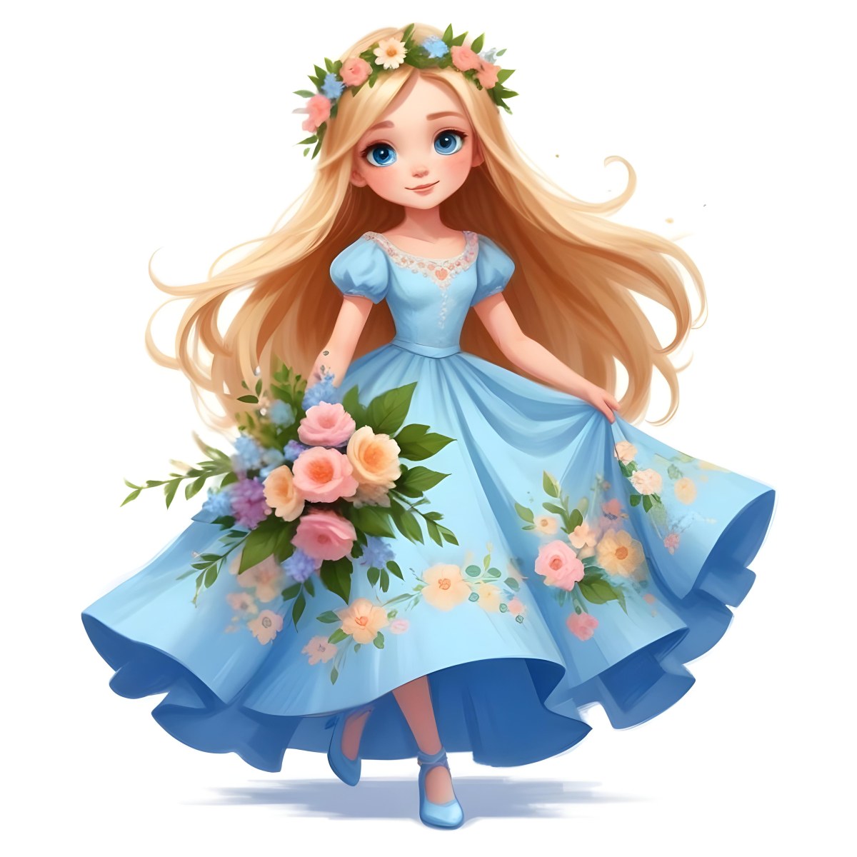 Digital Painting A Young Girl With Long Flowing Blonde Hair And Blue Eyes Wearing A Light Blue Dress Adorned With Floral Patterns She Holds A Bouquet Of Flowers And Wears A Floral Crown The Dress Has A Flared Skirt 55 E8ea