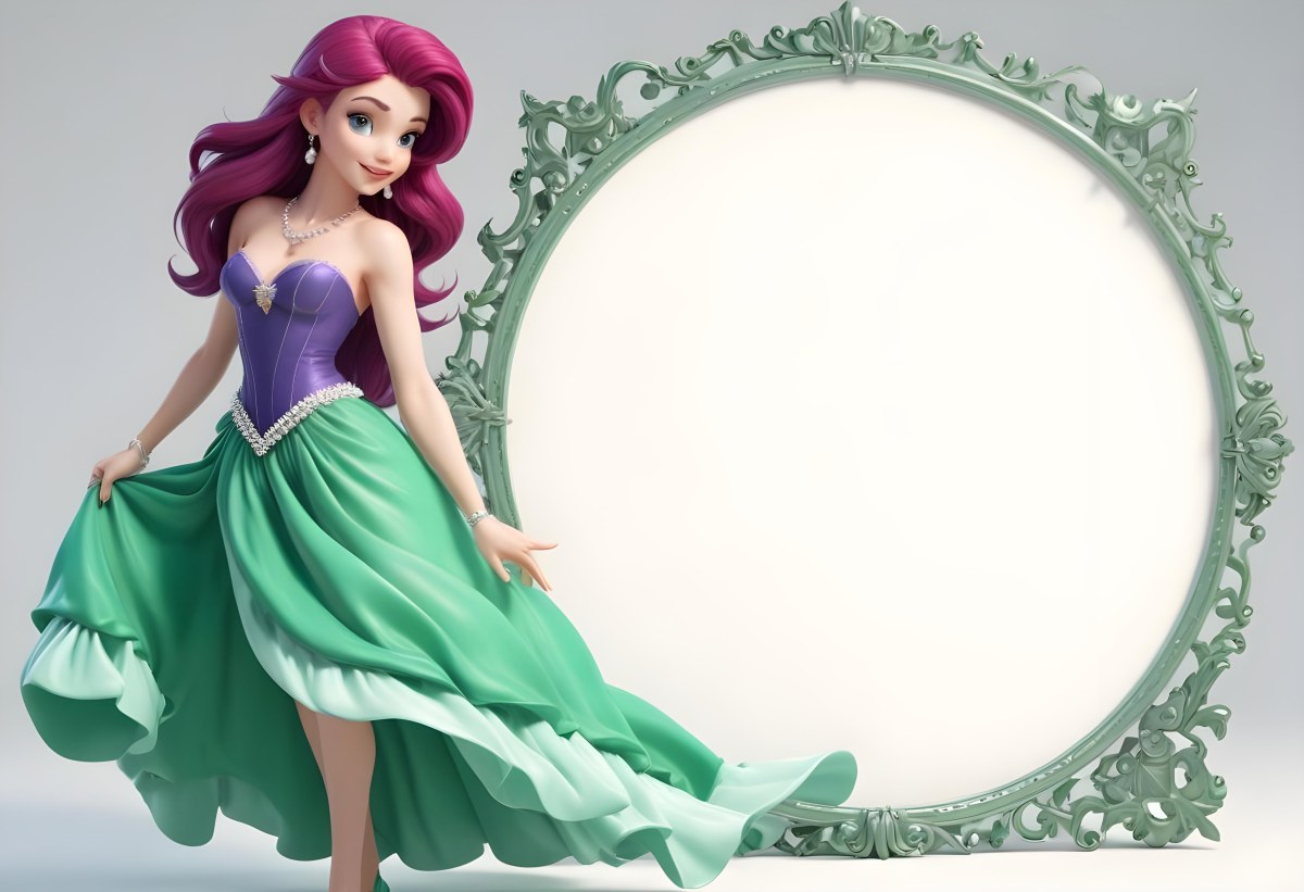 Digital Painting Ariel With Green Hair Wearing A Green Top And A Purple Dress White Pearls Frame White Background Bold And Slim Lines Brush Strokes 1 Ae83