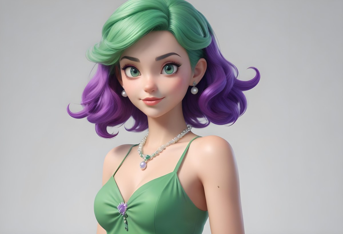 Digital Painting Ariel With Green Hair Wearing A Green Top And A Purple Dress White Pearls Frame White Background Bold And Slim Lines Brush Strokes 2 Dc9f