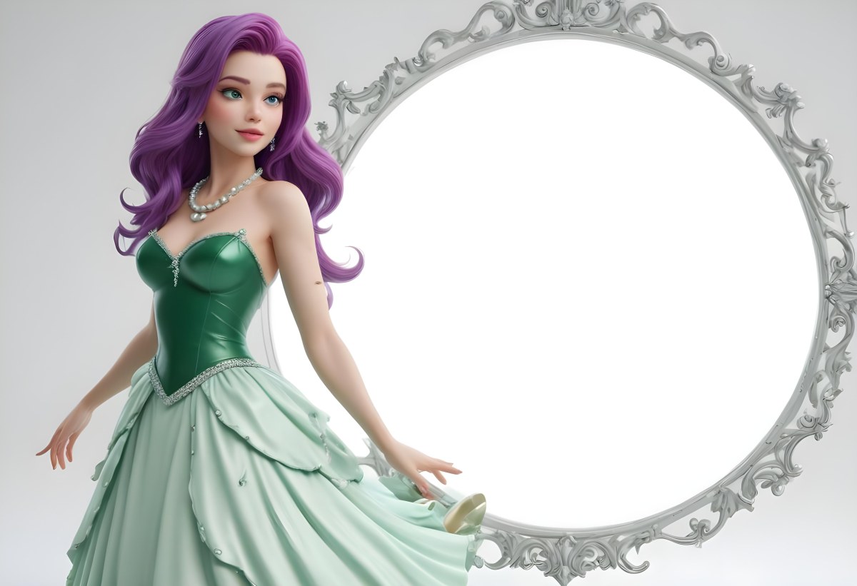 Digital Painting Ariel With Green Hair Wearing A Green Top And A Purple Dress White Pearls Frame White Background Bold And Slim Lines Brush Strokes 3 3762