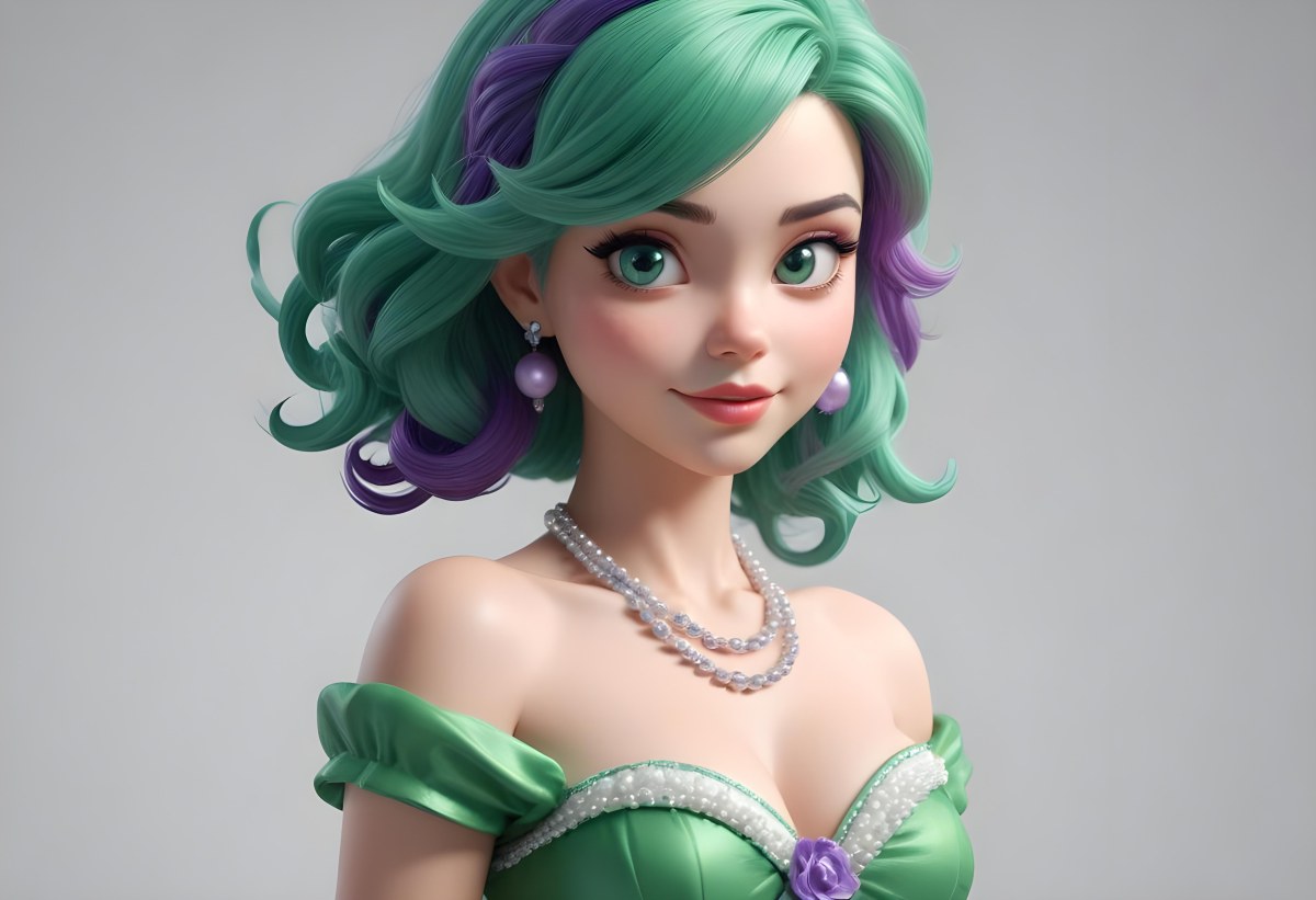 Digital Painting Ariel With Green Hair Wearing A Green Top And A Purple Dress White Pearls Frame White Background Bold And Slim Lines Brush Strokes 4 0c33