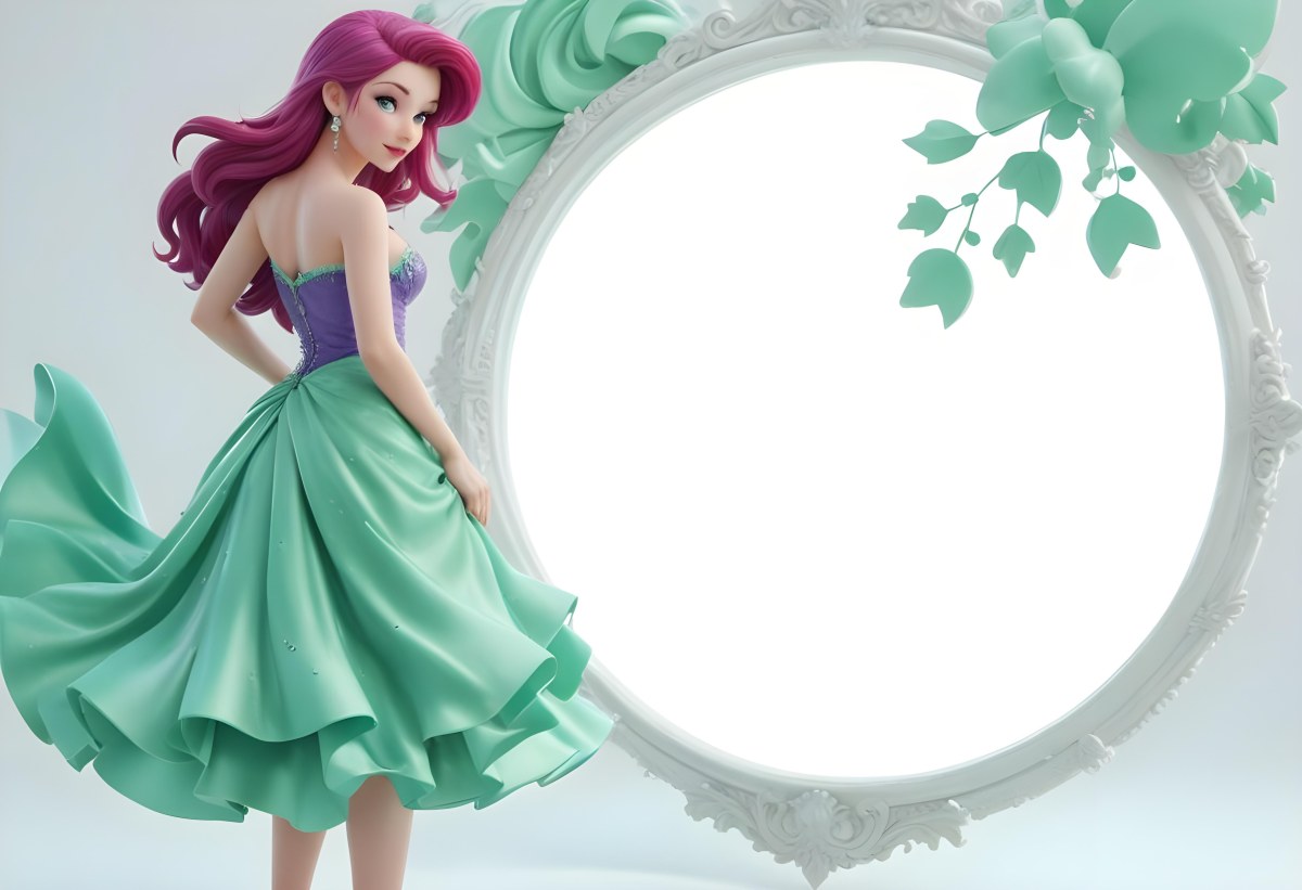 Digital Painting Ariel With Green Hair Wearing A Green Top And A Purple Dress White Pearls Frame White Background Bold And Slim Lines Brush Strokes 5 0778