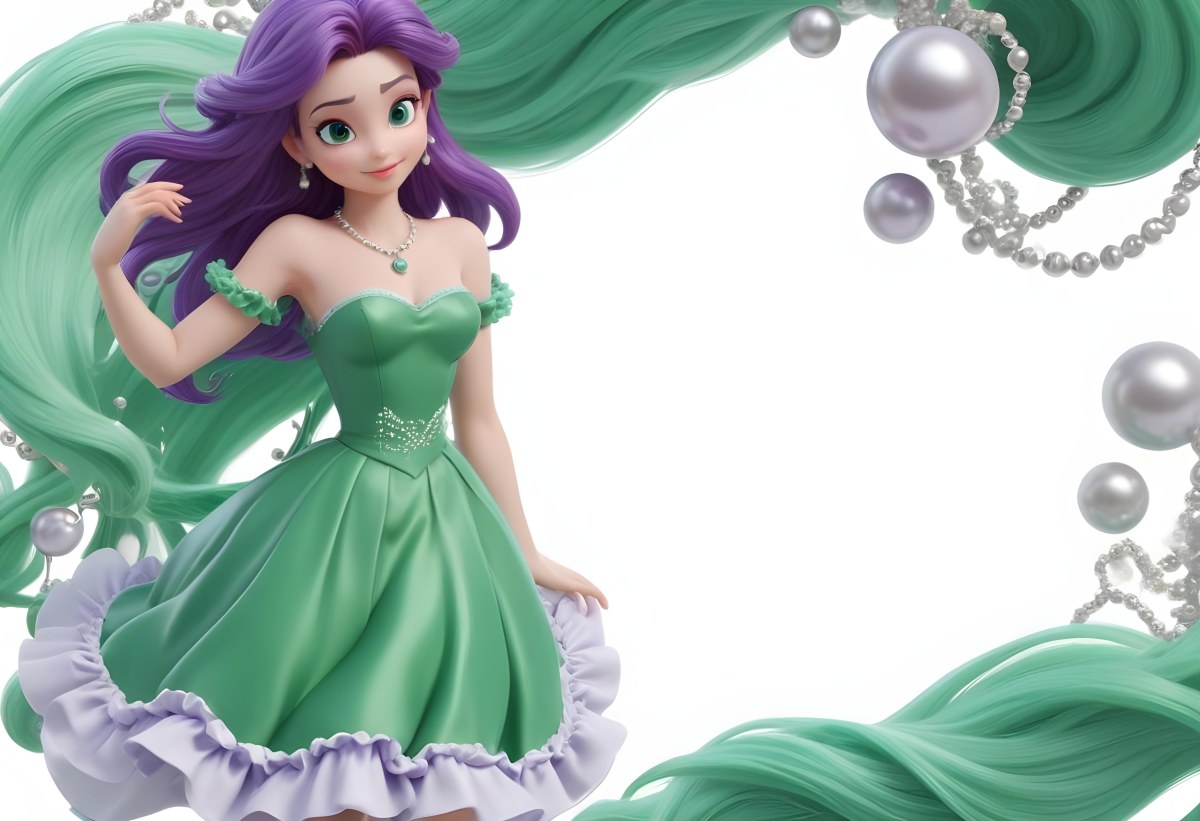 Digital Painting Ariel With Green Hair Wearing A Green Top And A Purple Dress White Pearls Frame White Background Bold And Slim Lines Brush Strokes 6 9bf2