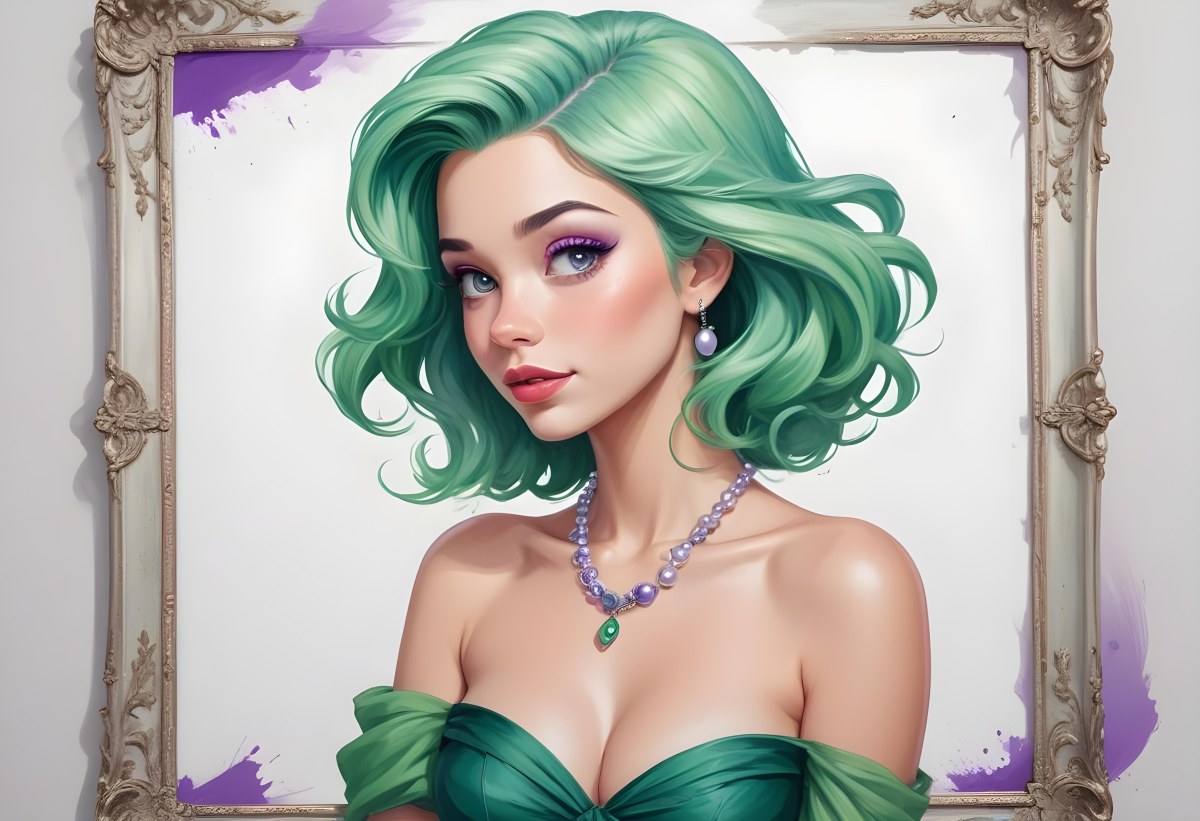 Digital Painting Ariel With Green Hair Wearing A Green Top And A Purple Dress White Pearls Frame White Background Bold And Slim Lines Brush Strokes 8 3f1e