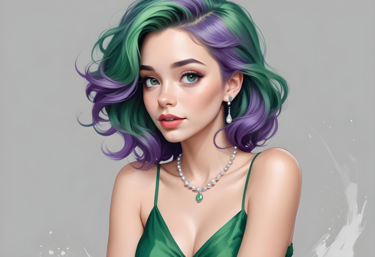Digital Painting Ariel With Green Hair Wearing A Green Top And A Purple Dress White Pearls Frame White Background Bold And Slim Lines Brush Strokes 9 3bb2