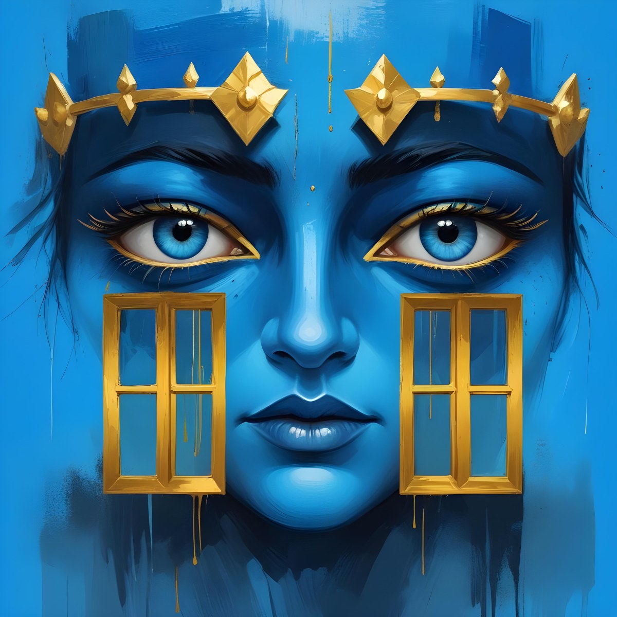 Digital Painting Blue Face With Blue Eyes And Golden Crown Windows As Nose Blue Background Bold And Slim Lines Brush Strokes 6 38c7