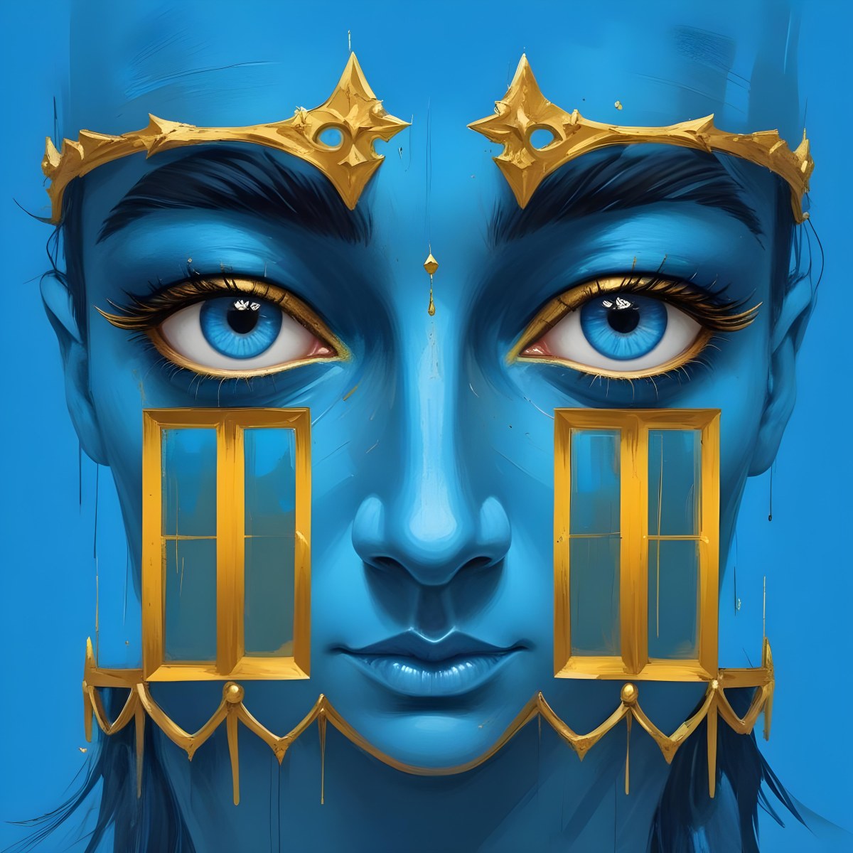 Digital Painting Blue Face With Blue Eyes And Golden Crown Windows As Nose Blue Background Bold And Slim Lines Brush Strokes 7 Db0a