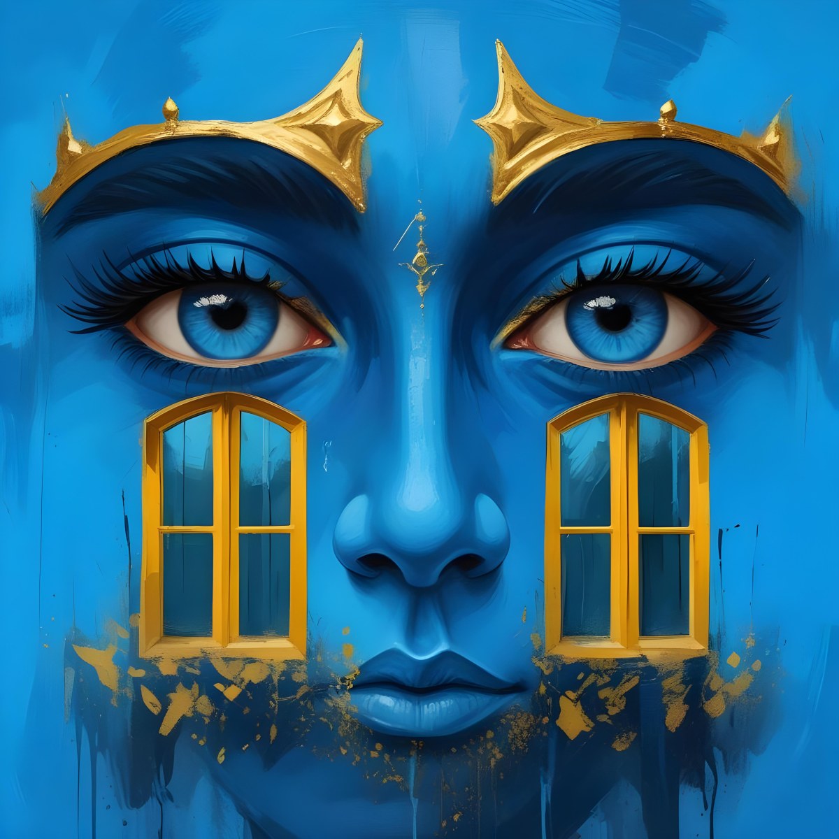 Digital Painting Blue Face With Blue Eyes And Golden Crown Windows As Nose Blue Background Bold And Slim Lines Brush Strokes 8 821b