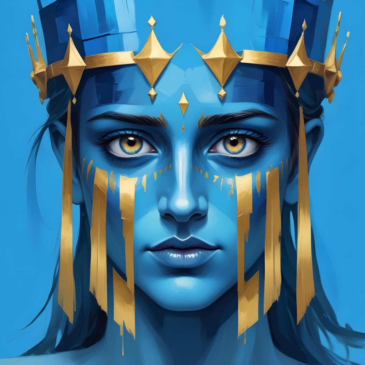 Digital Painting Blue Face With Blue Eyes And Golden Crown Windows As Nose Blue Background Bold And Slim Lines Brush Strokes 9 1a1f