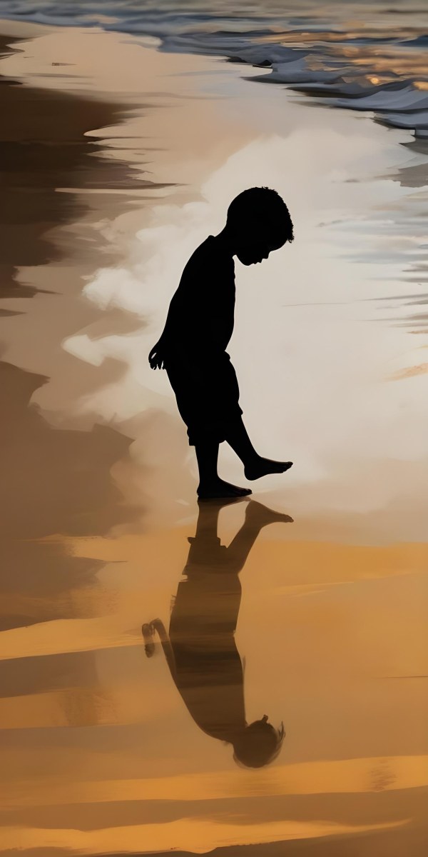 Digital Painting Silhouette Of A Black 5 Year Old Boy Standing On The Beach Looking Down Reflection In The Water Golden Hour Bold And Slim Lines Brush Strokes 12 4037