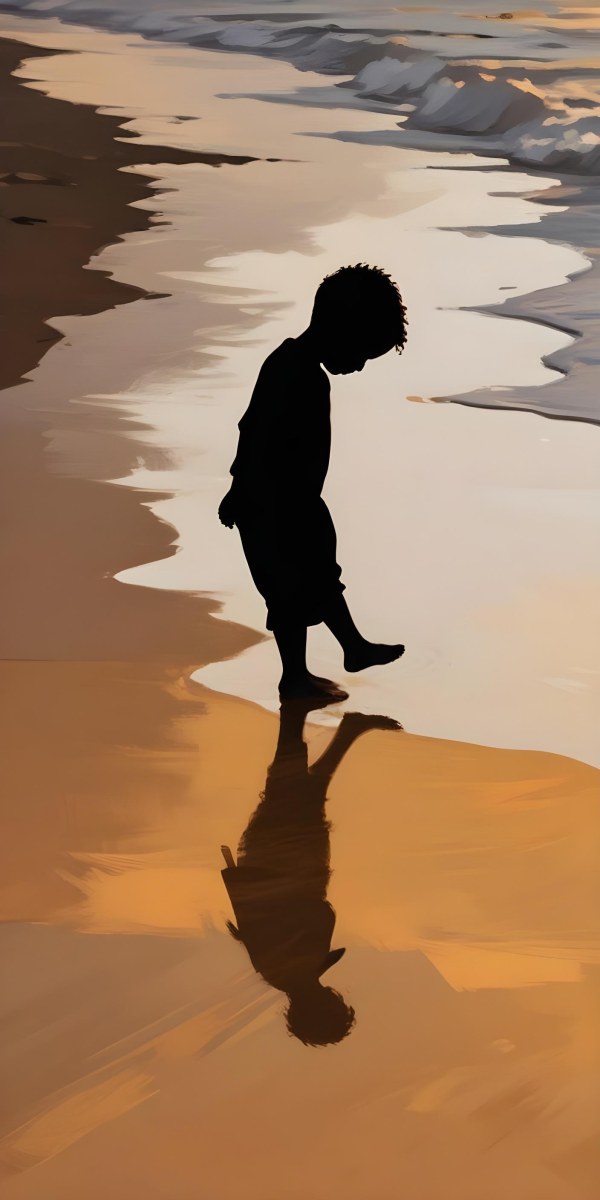 Digital Painting Silhouette Of A Black 5 Year Old Boy Standing On The Beach Looking Down Reflection In The Water Golden Hour Bold And Slim Lines Brush Strokes 13 A869