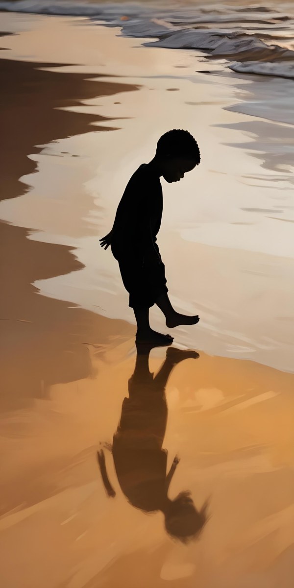 Digital Painting Silhouette Of A Black 5 Year Old Boy Standing On The Beach Looking Down Reflection In The Water Golden Hour Bold And Slim Lines Brush Strokes 14 7a24