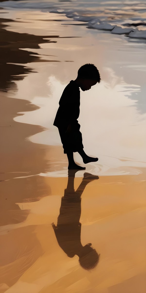 Digital Painting Silhouette Of A Black 5 Year Old Boy Standing On The Beach Looking Down Reflection In The Water Golden Hour Bold And Slim Lines Brush Strokes 17 E929