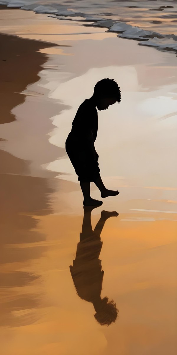 Digital Painting Silhouette Of A Black 5 Year Old Boy Standing On The Beach Looking Down Reflection In The Water Golden Hour Bold And Slim Lines Brush Strokes 18 198c