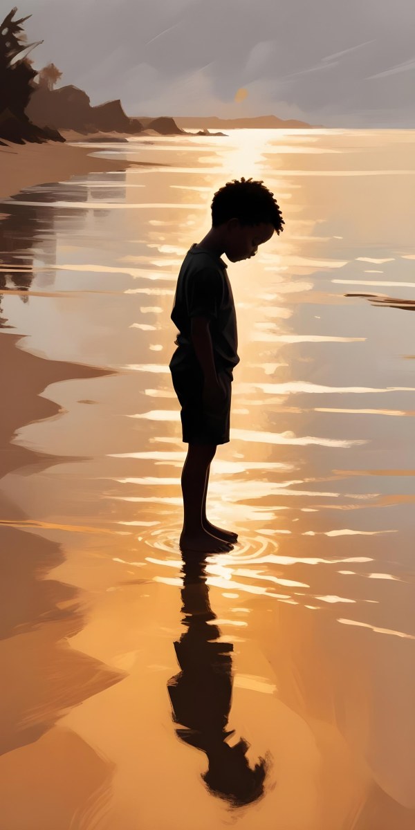 Digital Painting Silhouette Of A Black 5 Year Old Boy Standing On The Beach Looking Down Reflection In The Water Golden Hour Bold And Slim Lines Brush Strokes 2 A3bd