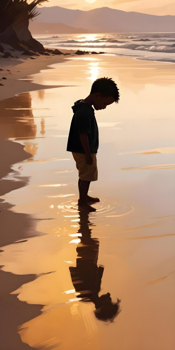 Digital Painting Silhouette Of A Black 5 Year Old Boy Standing On The Beach Looking Down Reflection In The Water Golden Hour Bold And Slim Lines Brush Strokes 20 2d5c