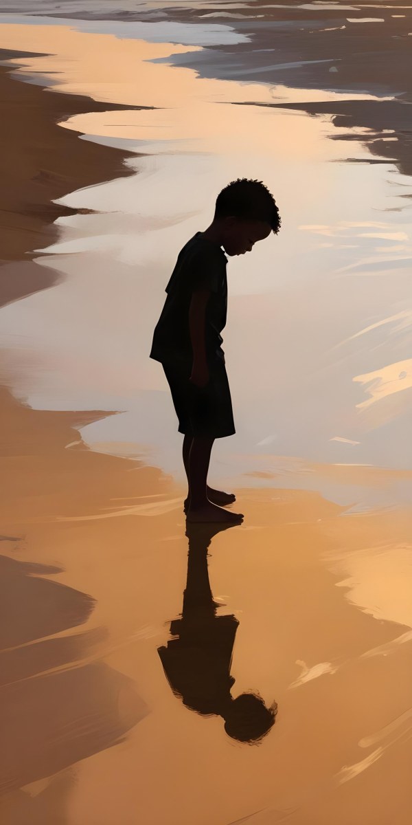 Digital Painting Silhouette Of A Black 5 Year Old Boy Standing On The Beach Looking Down Reflection In The Water Golden Hour Bold And Slim Lines Brush Strokes 21 Faf9