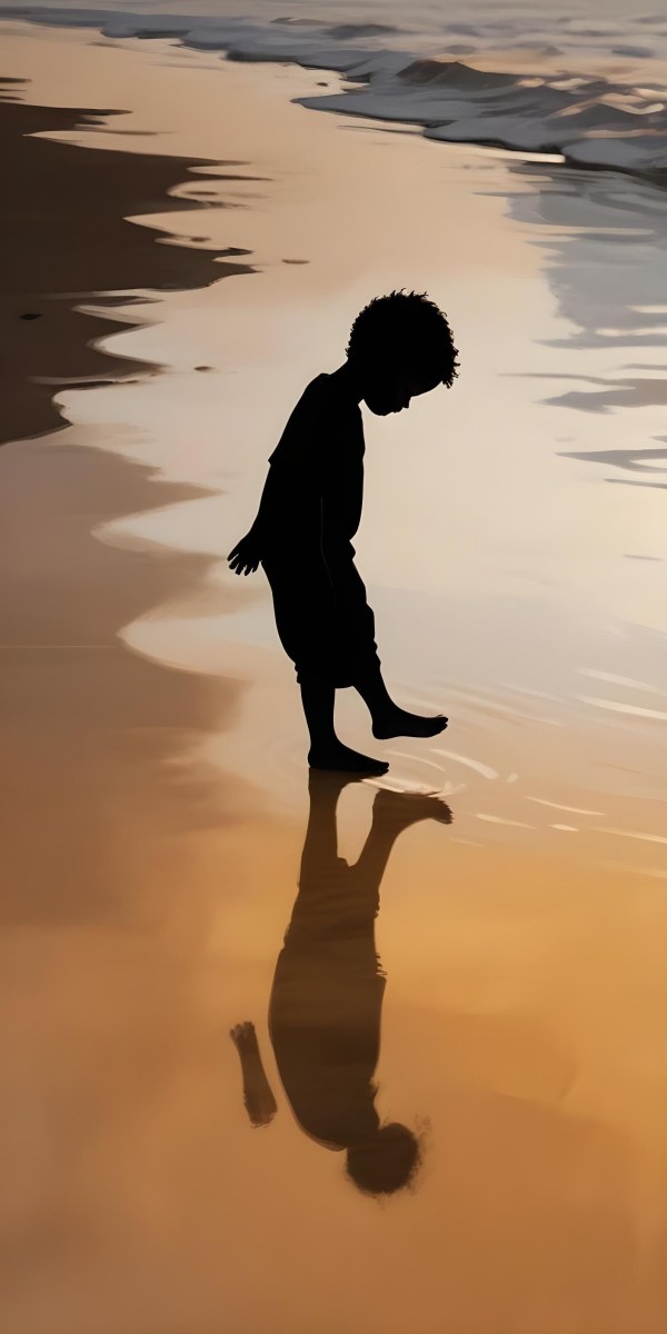 Digital Painting Silhouette Of A Black 5 Year Old Boy Standing On The Beach Looking Down Reflection In The Water Golden Hour Bold And Slim Lines Brush Strokes 22 B714