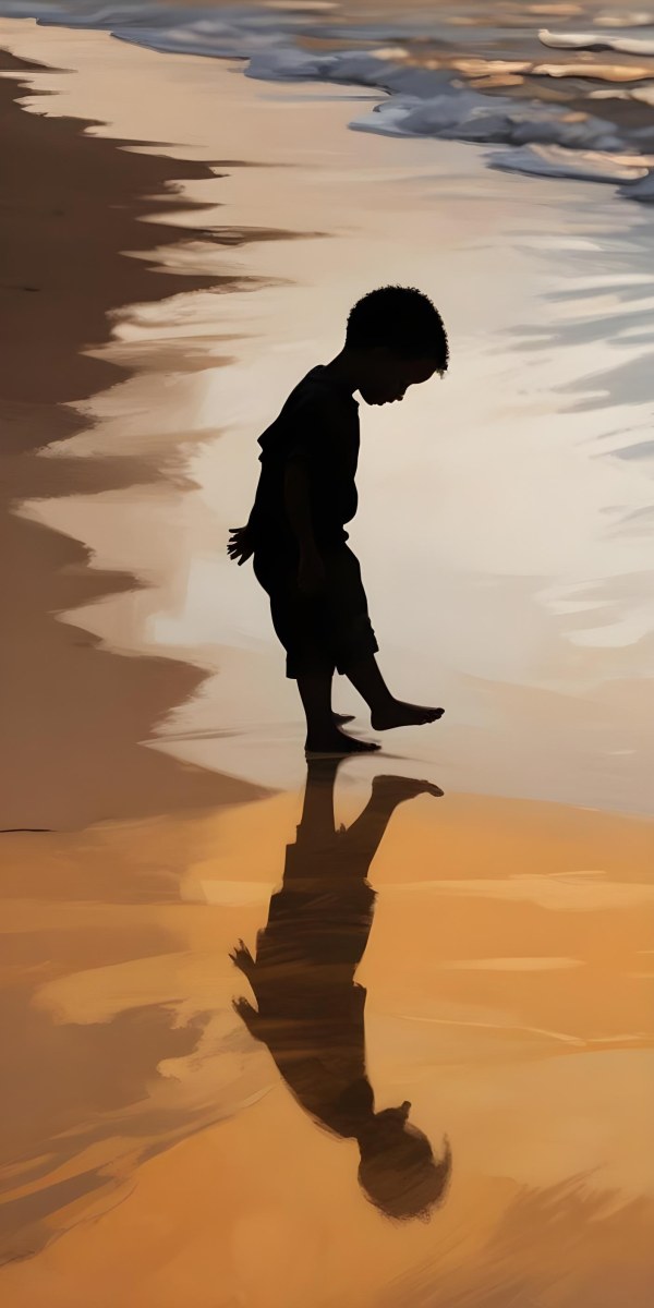 Digital Painting Silhouette Of A Black 5 Year Old Boy Standing On The Beach Looking Down Reflection In The Water Golden Hour Bold And Slim Lines Brush Strokes 24 Bf70