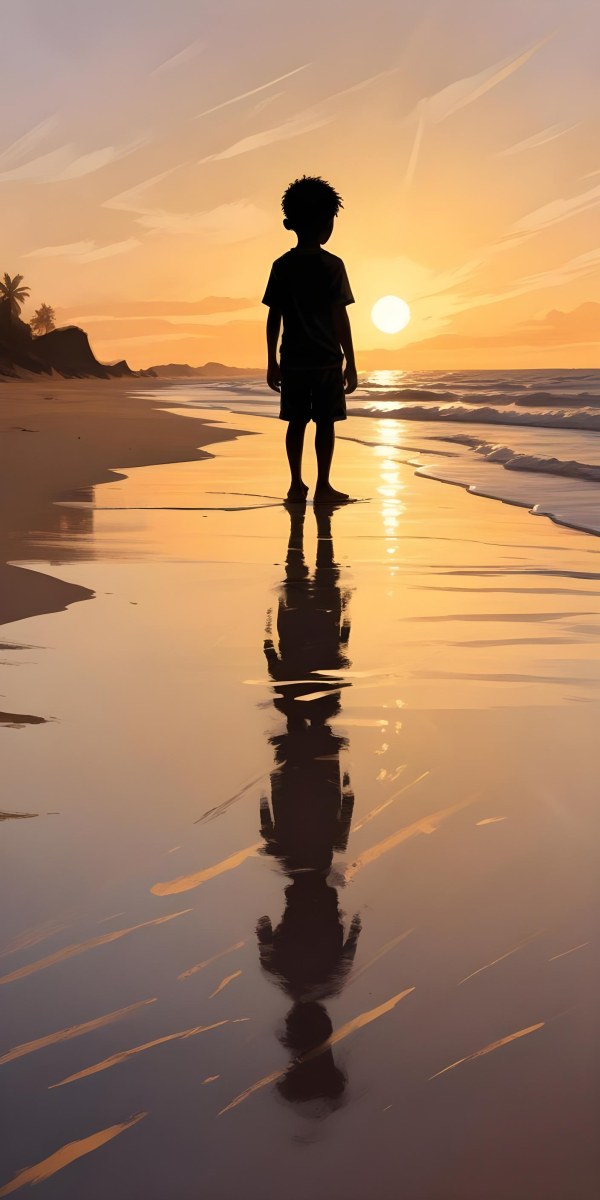 Digital Painting Silhouette Of A Black 5 Year Old Boy Standing On The Beach Looking Down Reflection In The Water Golden Hour Bold And Slim Lines Brush Strokes 3 0dee