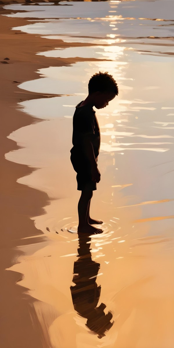 Digital Painting Silhouette Of A Black 5 Year Old Boy Standing On The Beach Looking Down Reflection In The Water Golden Hour Bold And Slim Lines Brush Strokes 4 0995