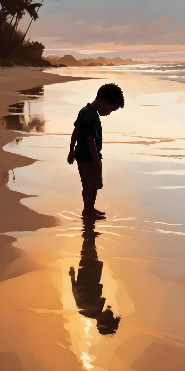 Digital Painting Silhouette Of A Black 5 Year Old Boy Standing On The Beach Looking Down Reflection In The Water Golden Hour Bold And Slim Lines Brush Strokes 6 A2b9