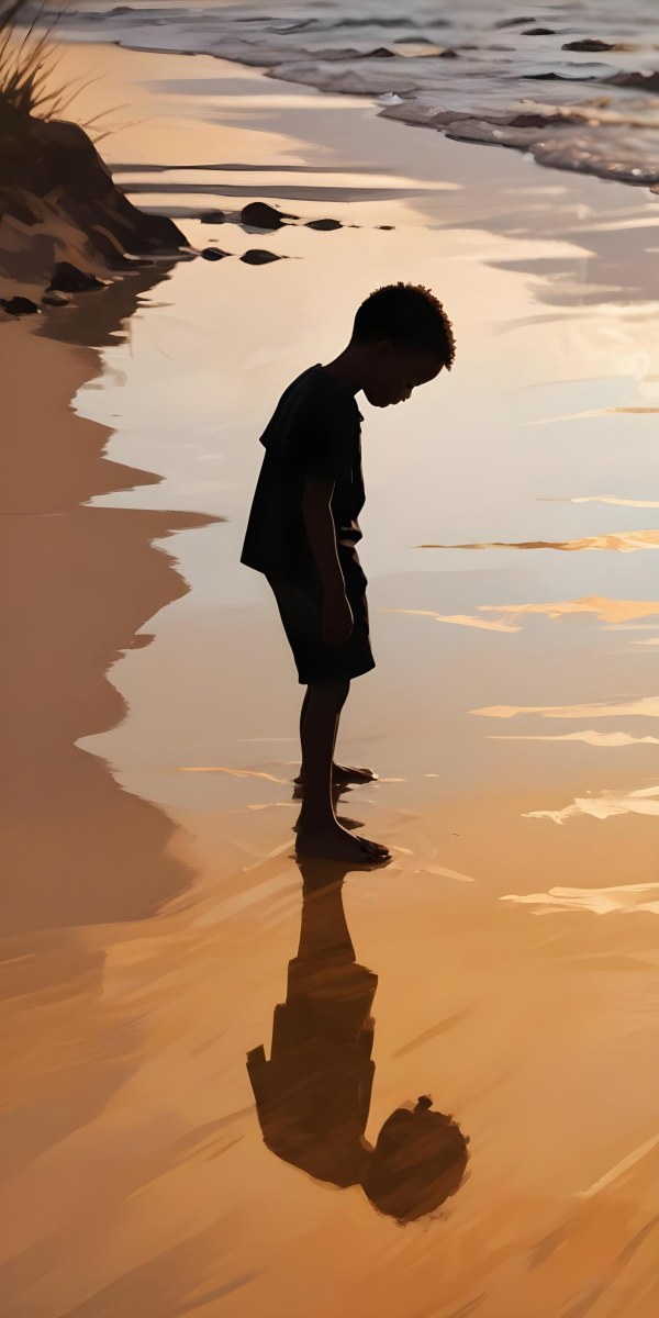 Digital Painting Silhouette Of A Black 5 Year Old Boy Standing On The Beach Looking Down Reflection In The Water Golden Hour Bold And Slim Lines Brush Strokes 7 7930