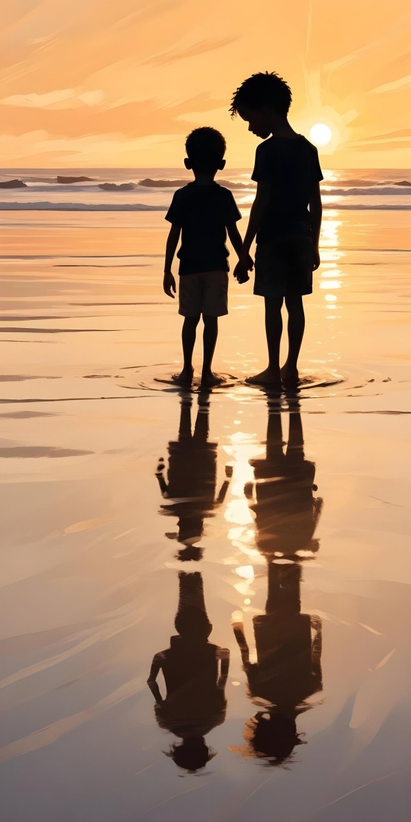 Digital Painting Silhouette Of A Black 5 Year Old Boy Standing On The Beach Looking Down Reflection In The Water Golden Hour Bold And Slim Lines Brush Strokes 8 C09d