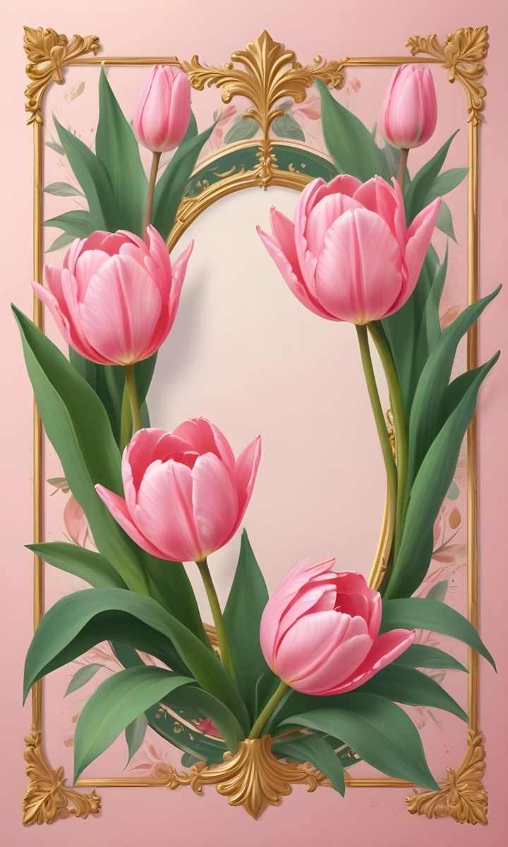 Digital Painting Tulips Of Pink And Green Leaves Around A Golden Frame With Ornaments Light Pink Background Bold And Slim Lines Brush Strokes 3 C1a3