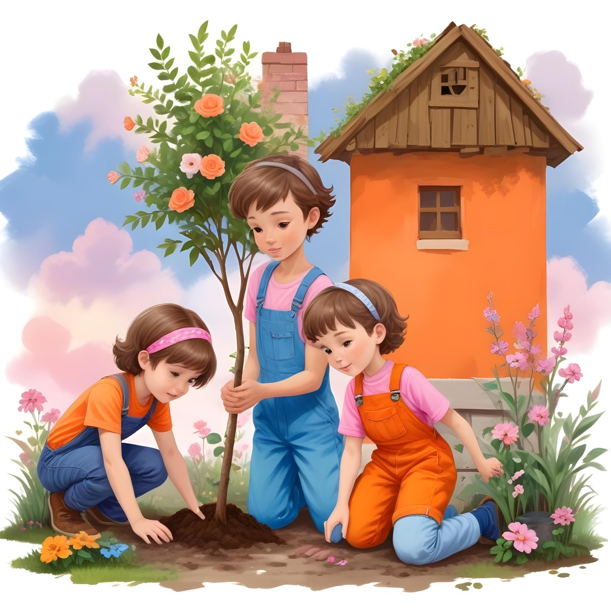 Digital Painting Two Children A Boy With Light Skin And Short Brown Hair Wearing An Orange Shirt And Blue Overalls And A Girl With Light Skin And Brown Hair Wearing A Pink Shirt And Headband Are Planting A Small Tree 3 143c