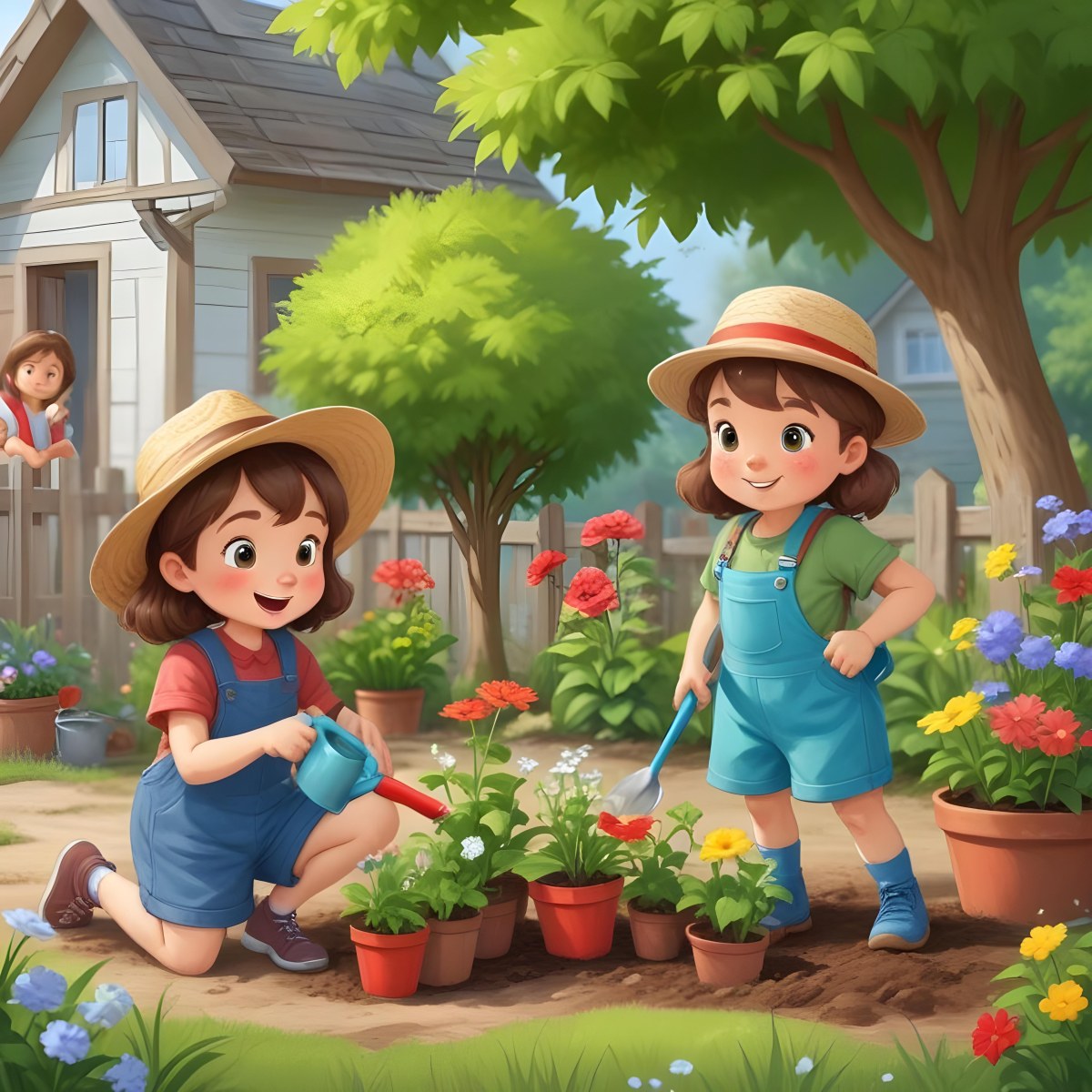 Digital Painting Two Children A Girl With Light Skin And Brown Hair Wearing A Straw Hat And Shorts And A Boy With Light Skin And Brown Hair Wearing A Green Shirt And Shorts Are Gardening The Girl Is Using A Small R 16 F804