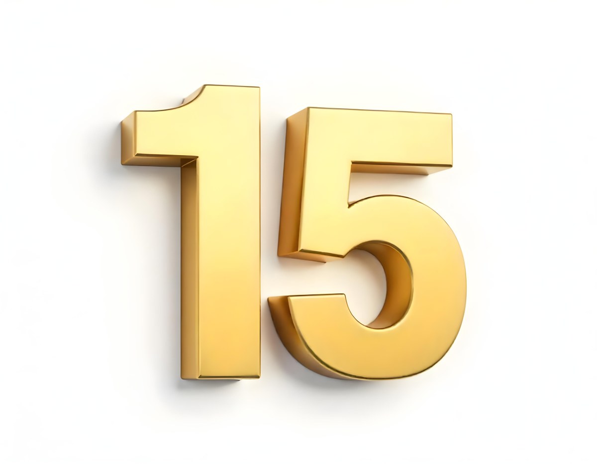 Golden Number Fifteen On A White Background Smooth Surface Metallic Material Studio Lighting High Resolution Clean Design Elegant Typography Minimalist Composition 7 507c