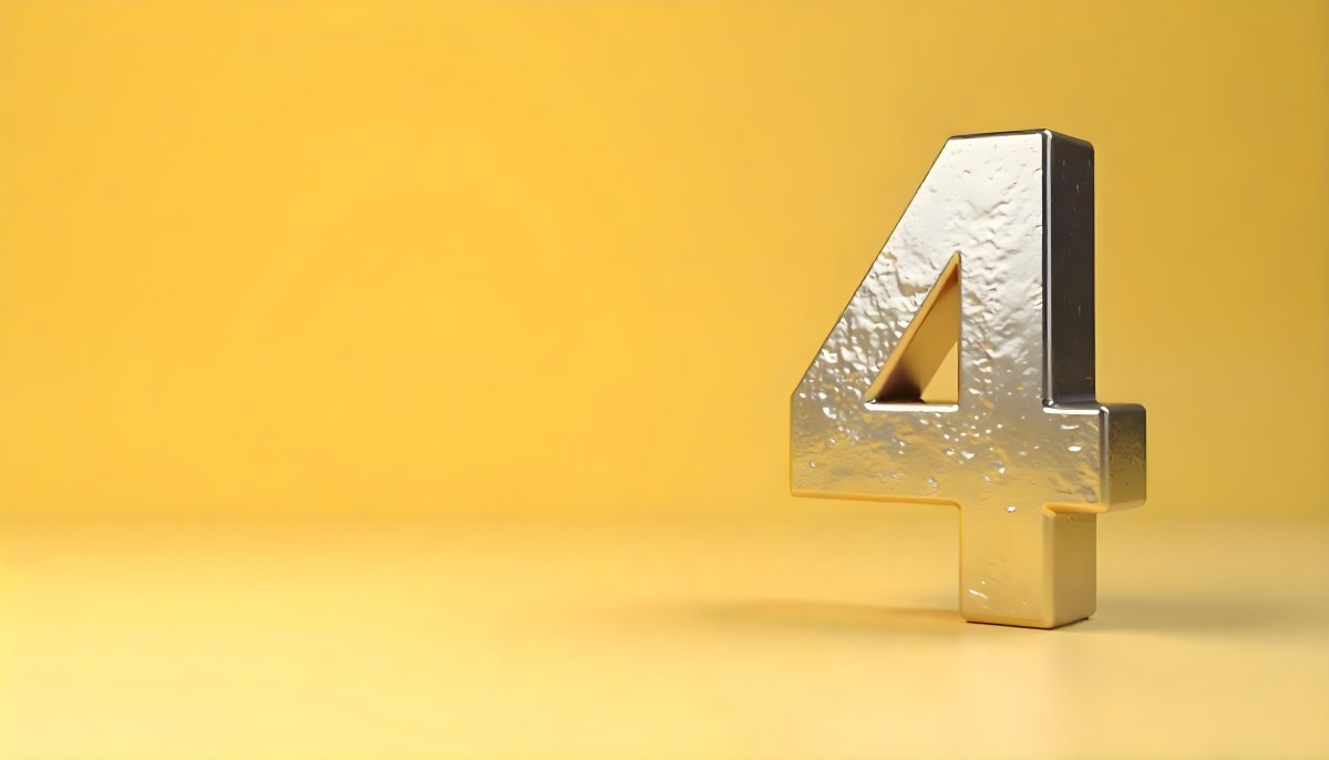 Golden Number Four With A Rough Texture Standing On A Reflective Surface With A Soft Yellow Background 14 873a