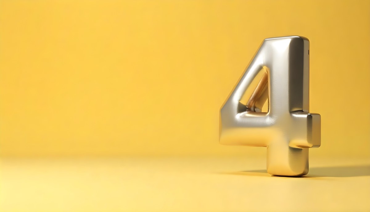 Golden Number Four With A Rough Texture Standing On A Reflective Surface With A Soft Yellow Background 2 C243