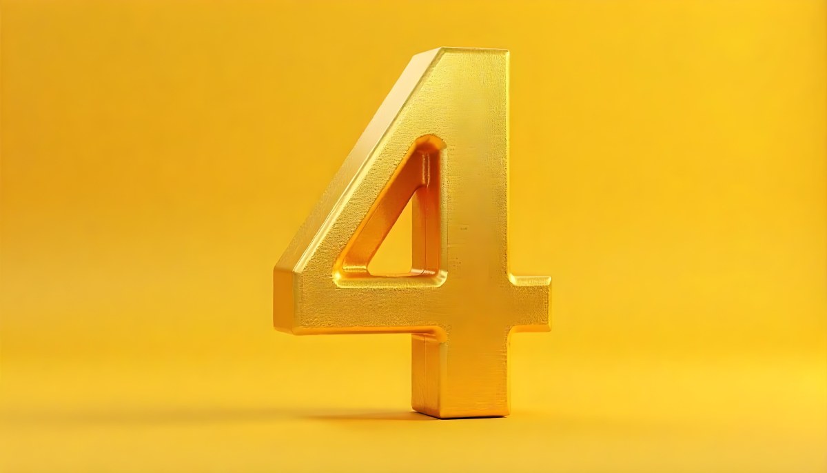 Golden Number Four With A Rough Texture Standing On A Reflective Surface With A Soft Yellow Background 20 F7ba