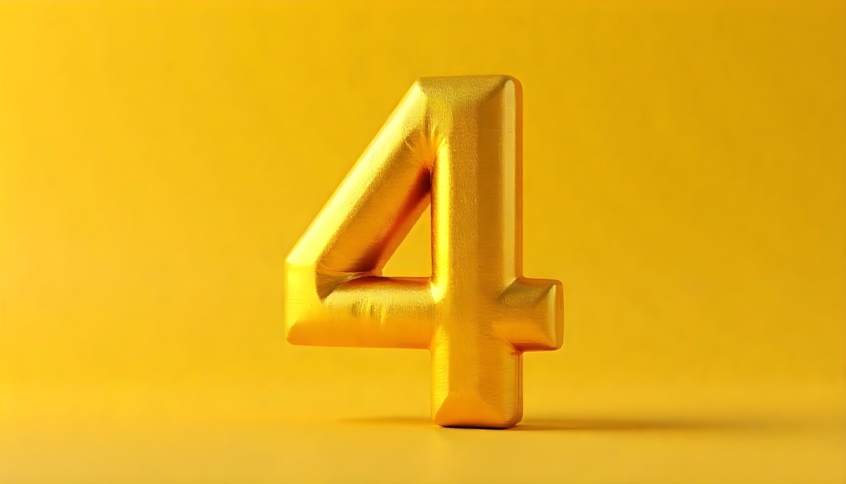 Golden Number Four With A Rough Texture Standing On A Reflective Surface With A Soft Yellow Background 21 E67b