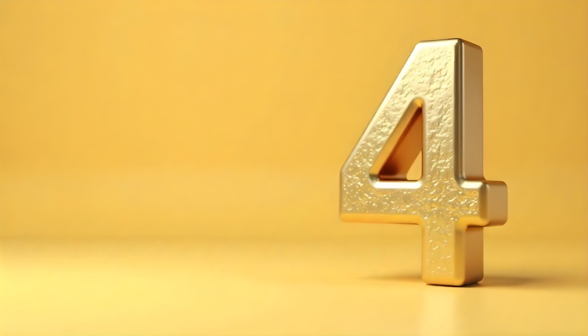 Golden Number Four With A Rough Texture Standing On A Reflective Surface With A Soft Yellow Background 22 8b24