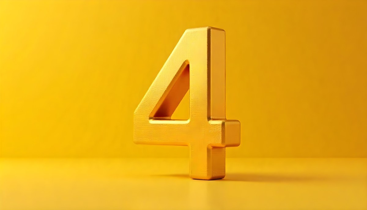 Golden Number Four With A Rough Texture Standing On A Reflective Surface With A Soft Yellow Background 23 B177