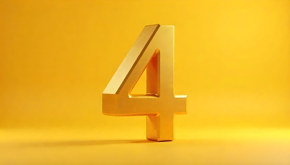 Golden Number Four With A Rough Texture Standing On A Reflective Surface With A Soft Yellow Background 24 6e15
