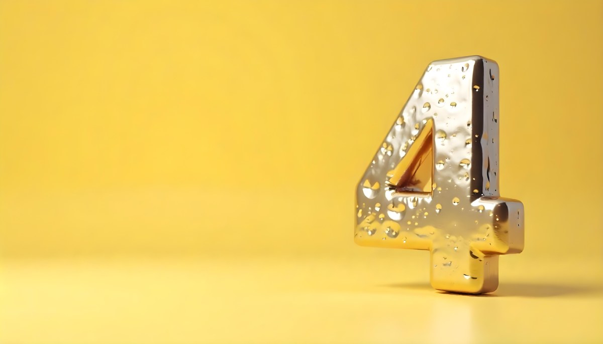 Golden Number Four With A Rough Texture Standing On A Reflective Surface With A Soft Yellow Background 3 A7d1