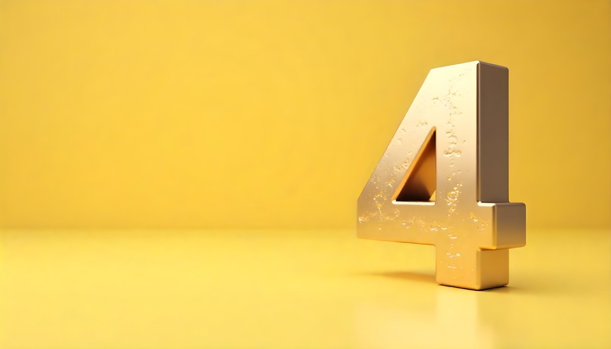 Golden Number Four With A Rough Texture Standing On A Reflective Surface With A Soft Yellow Background 4 8e28