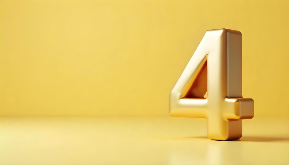 Golden Number Four With A Rough Texture Standing On A Reflective Surface With A Soft Yellow Background 6 1d14