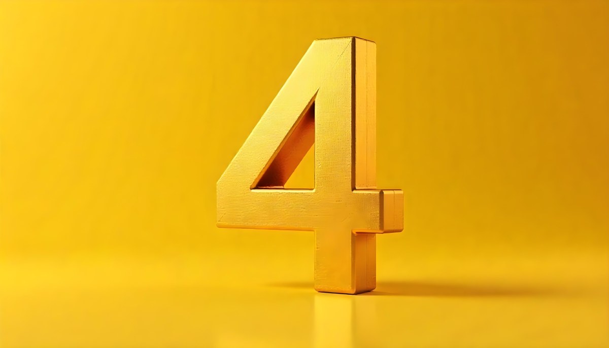 Golden Number Four With A Rough Texture Standing On A Reflective Surface With A Soft Yellow Background 7 33ed
