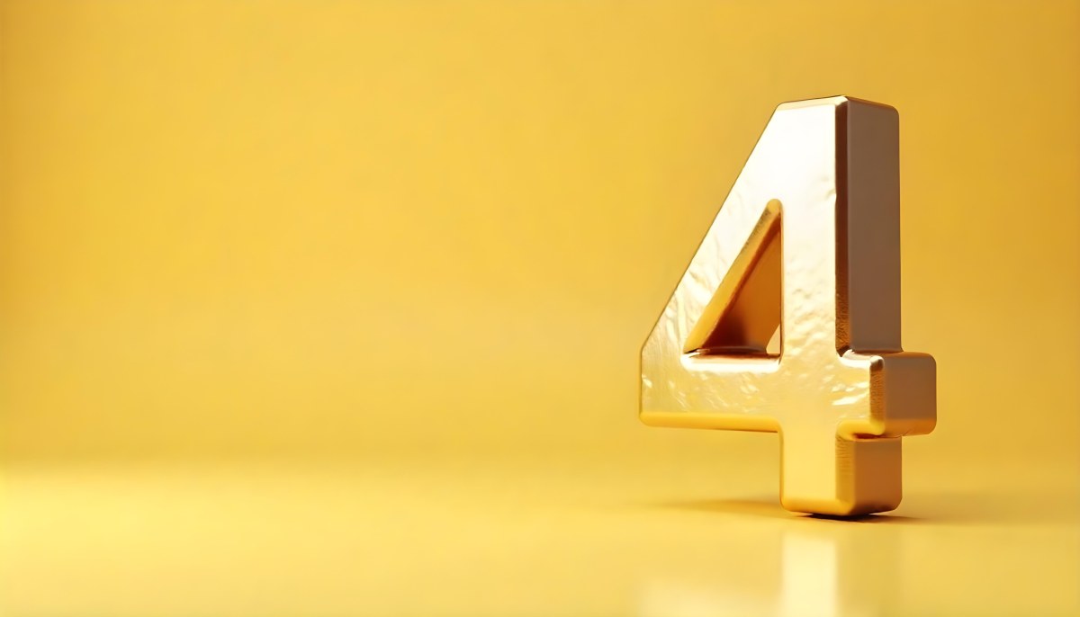 Golden Number Four With A Rough Texture Standing On A Reflective Surface With A Soft Yellow Background 8 8bba