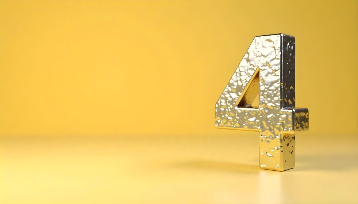 Golden Number Four With A Rough Texture Standing On A Reflective Surface With A Soft Yellow Background 9 7729