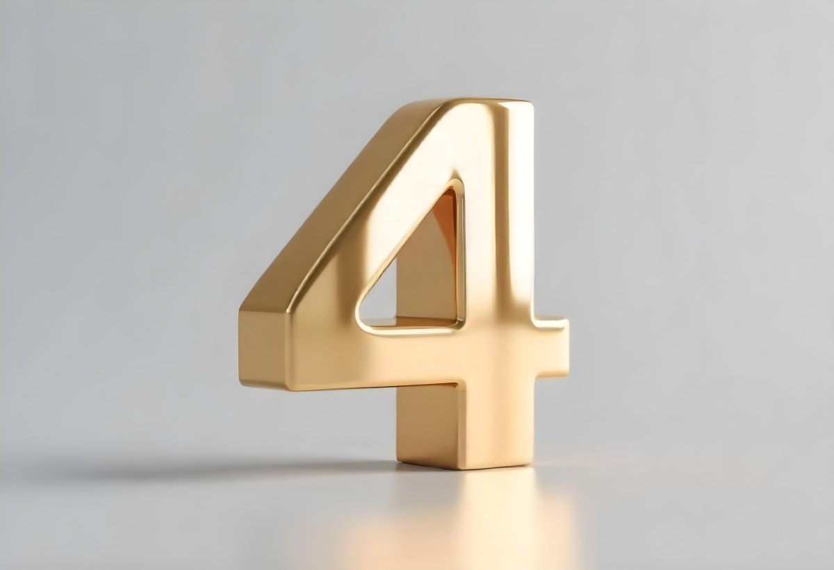 Golden Number Four With Smooth Edges Casting A Soft Shadow On A Neutral Gray Background Clean And Minimalist Design Elegant Typography 6 039e