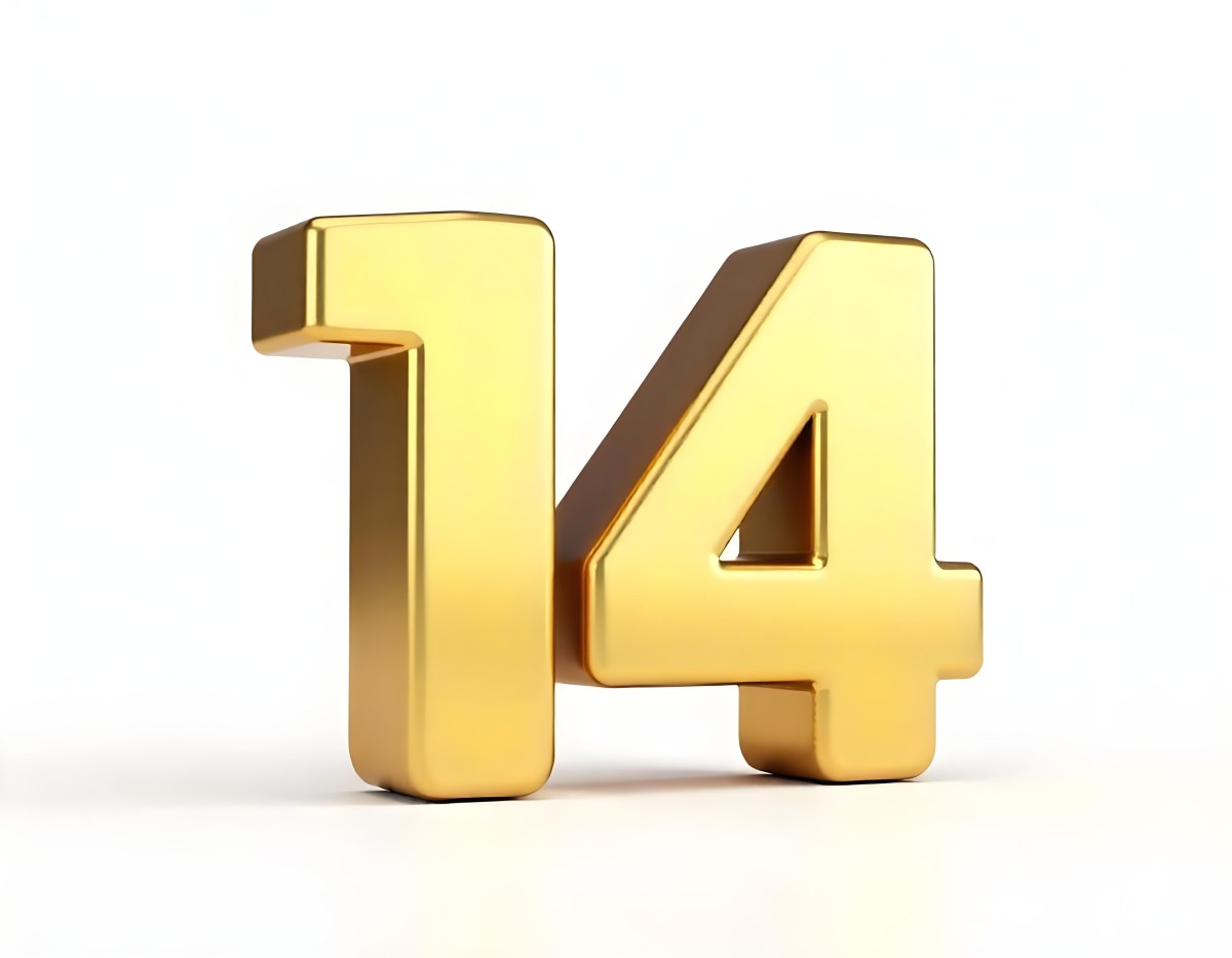Golden Number Fourteen In A White Background 12 1764