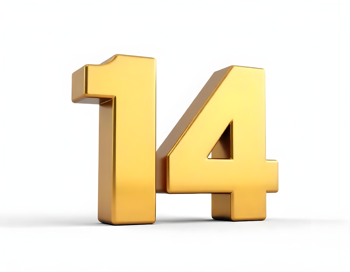 Golden Number Fourteen In A White Background 17 7789